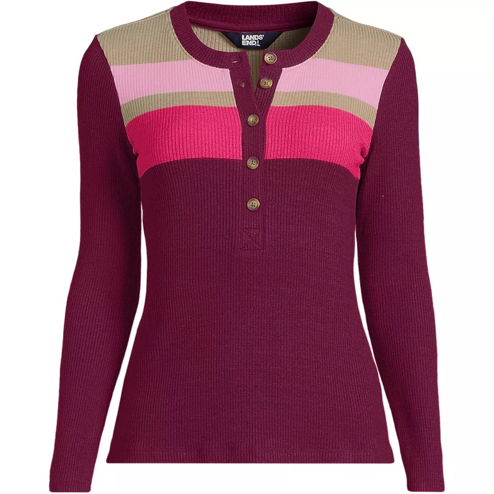 Land’s End. Long Sleeve Cozy Rib Henley Top. Rich Burgundy Placed Stripe. Med.